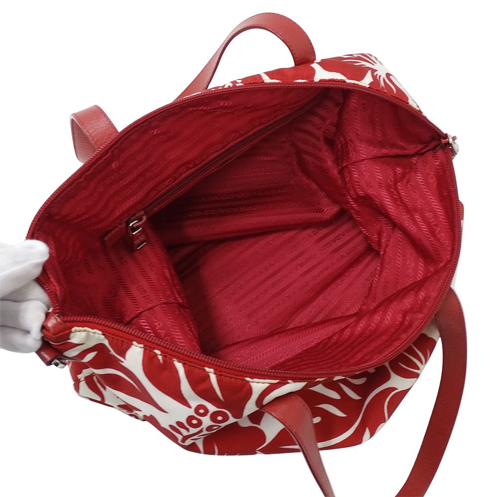Prada Tote Shoulder Bag 2-Way Nylon Red White Hibiscus Floral Pattern Flower