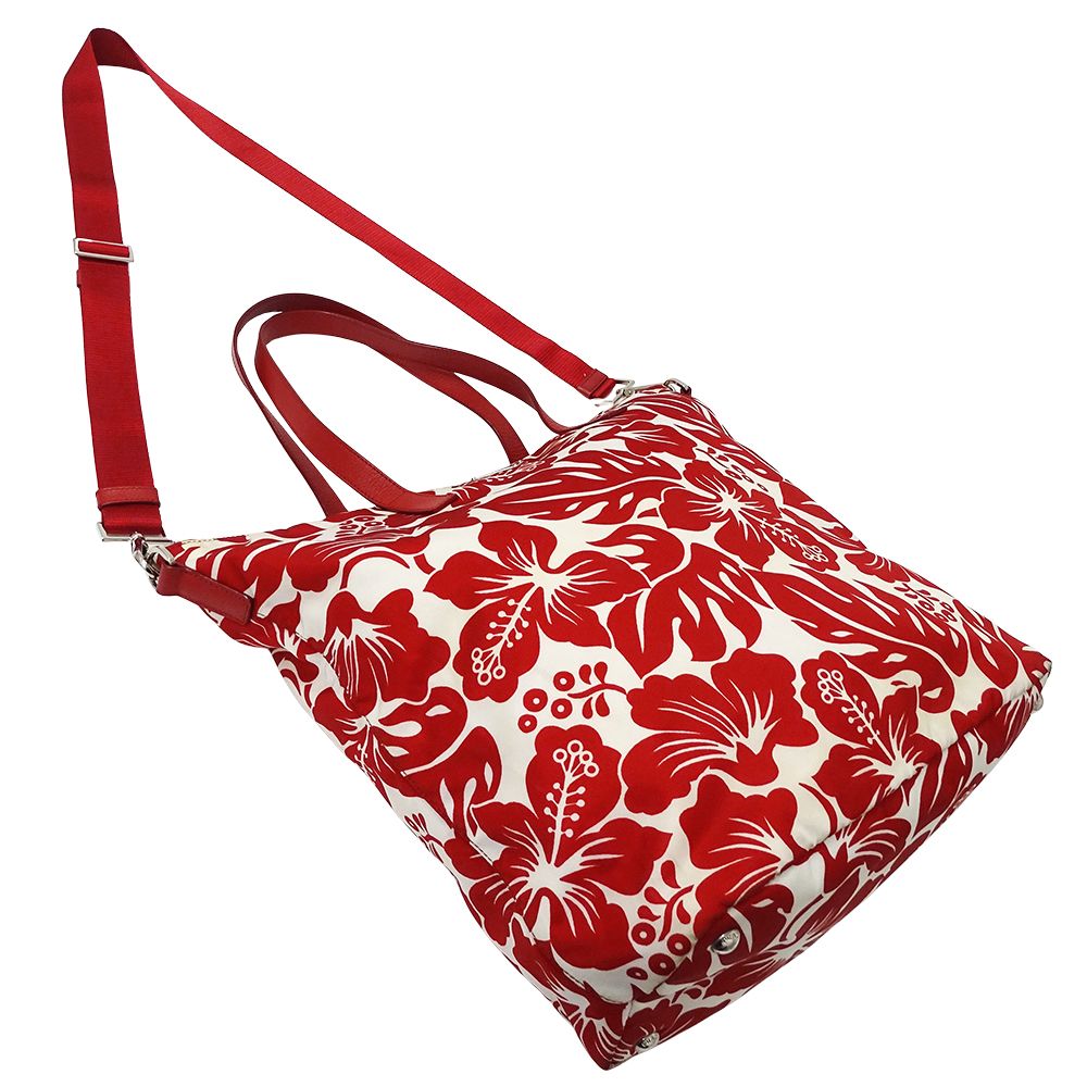 Prada Tote Shoulder Bag 2-Way Nylon Red White Hibiscus Floral Pattern Flower