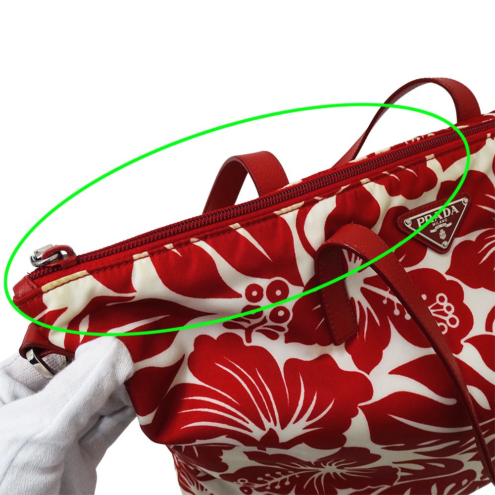 Prada Tote Shoulder Bag 2-Way Nylon Red White Hibiscus Floral Pattern Flower