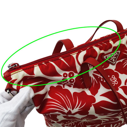 Prada Tote Shoulder Bag 2-Way Nylon Red White Hibiscus Floral Pattern Flower