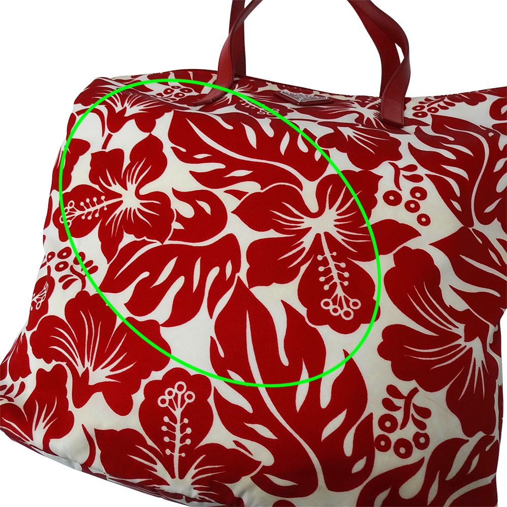 Prada Tote Shoulder Bag 2-Way Nylon Red White Hibiscus Floral Pattern Flower