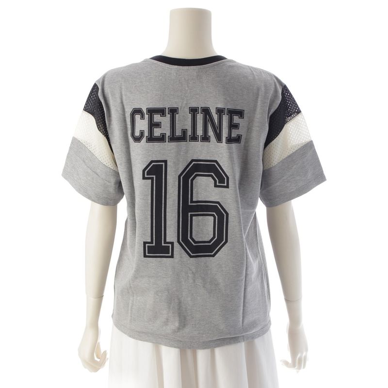 Celine Cotton Mesh Logo 16 Seize Short Sleeve T-Shirt Top Gray XS