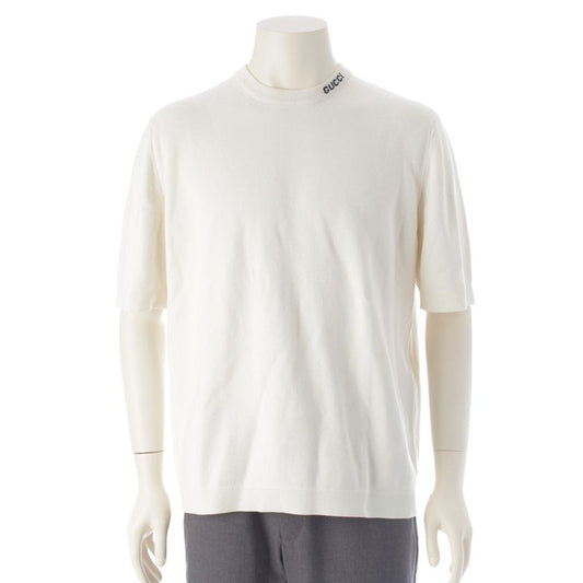Gucci Silk Cotton Logo Embroidery Short Sleeve Sweater Knit Top White XL