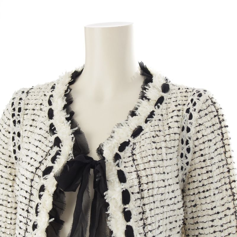 Chanel Silk Blend Tweed Ribbon Collarless Jacket White Black 36