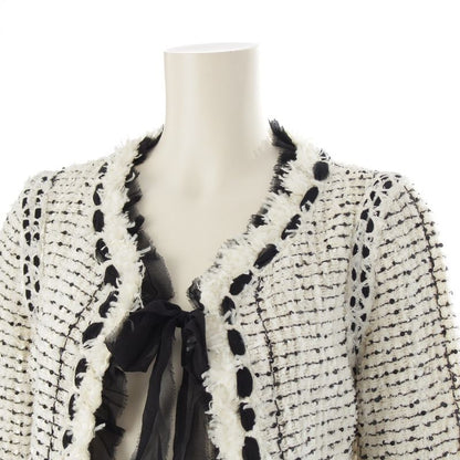 Chanel Silk Blend Tweed Ribbon Collarless Jacket White Black 36