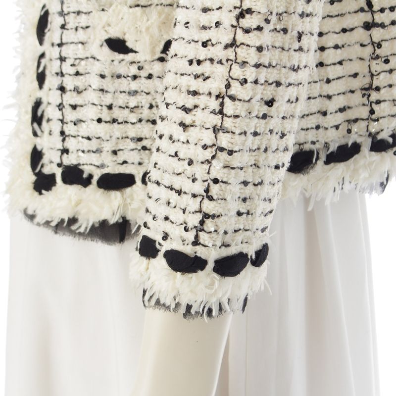 Chanel Silk Blend Tweed Ribbon Collarless Jacket White Black 36