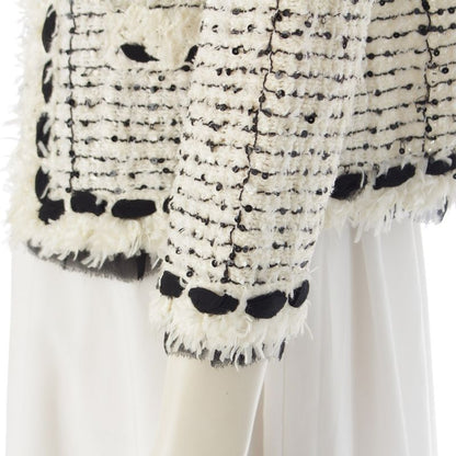 Chanel Silk Blend Tweed Ribbon Collarless Jacket White Black 36