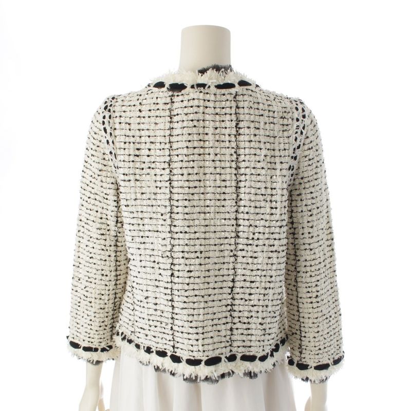 Chanel Silk Blend Tweed Ribbon Collarless Jacket White Black 36