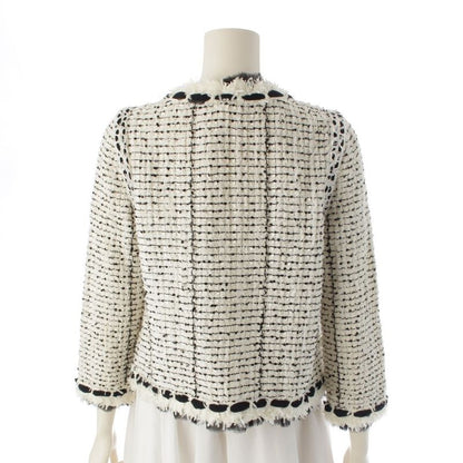 Chanel Silk Blend Tweed Ribbon Collarless Jacket White Black 36