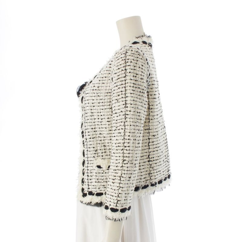 Chanel Silk Blend Tweed Ribbon Collarless Jacket White Black 36