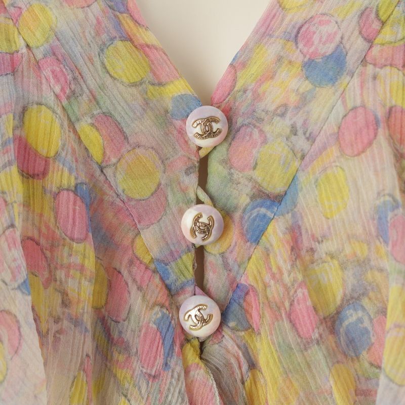Chanel Silk CC Logo Dot Pattern All Over Ruffle Sleeveless Shirt Blouse Top