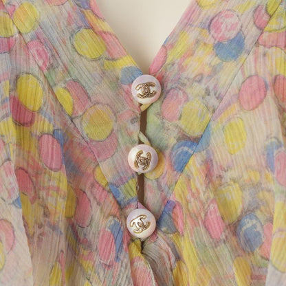 Chanel Silk CC Logo Dot Pattern All Over Ruffle Sleeveless Shirt Blouse Top