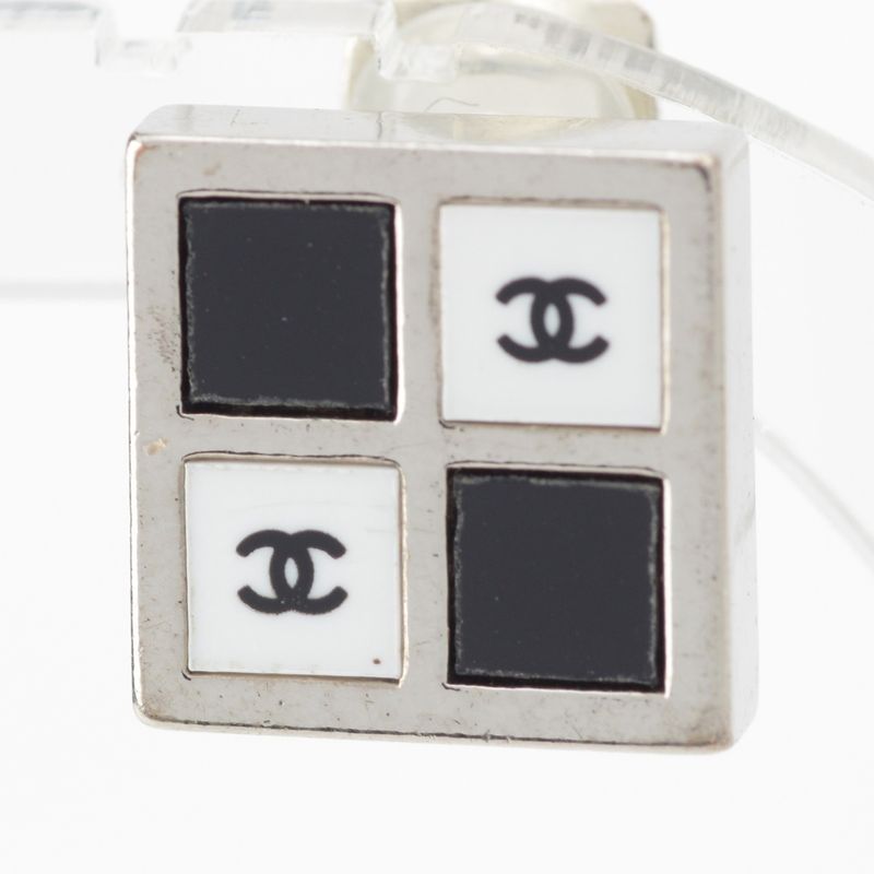 Chanel CC Logo Square Earrings Silver Black White