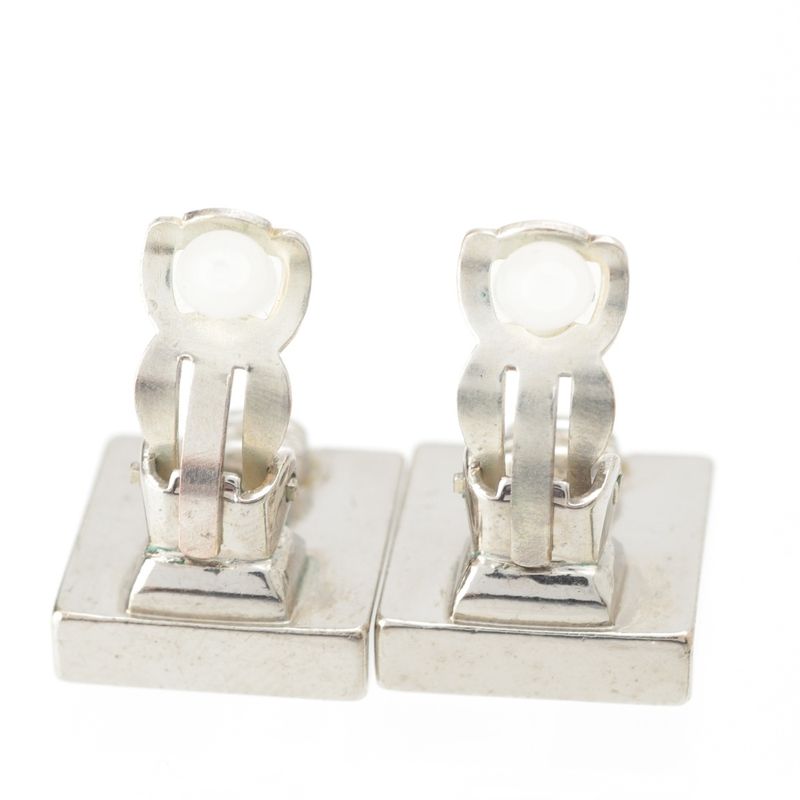 Chanel CC Logo Square Earrings Silver Black White