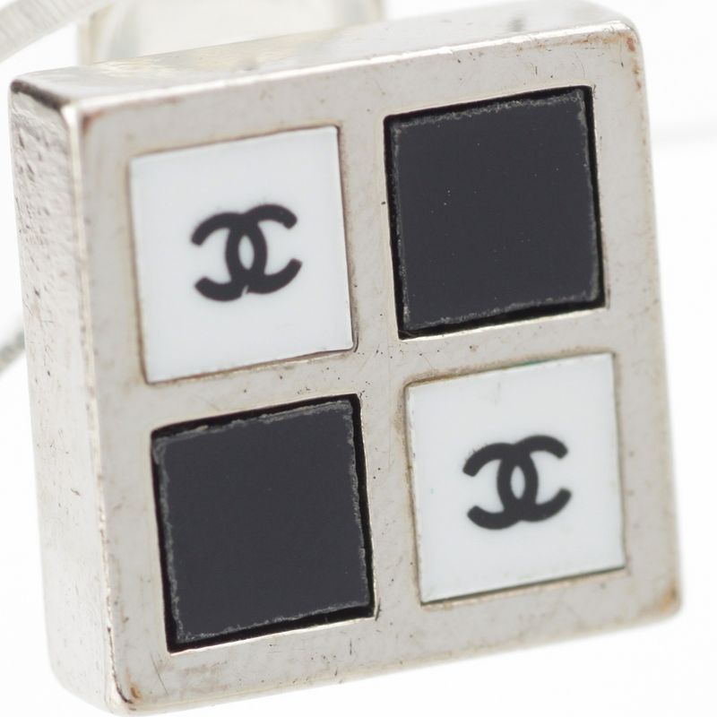 Chanel CC Logo Square Earrings Silver Black White