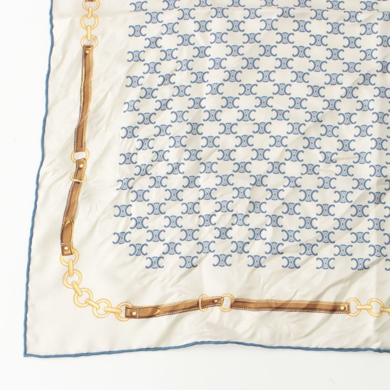 Celine Silk Triomphe Logo Chain Pattern Large Scarf Ivory Blue