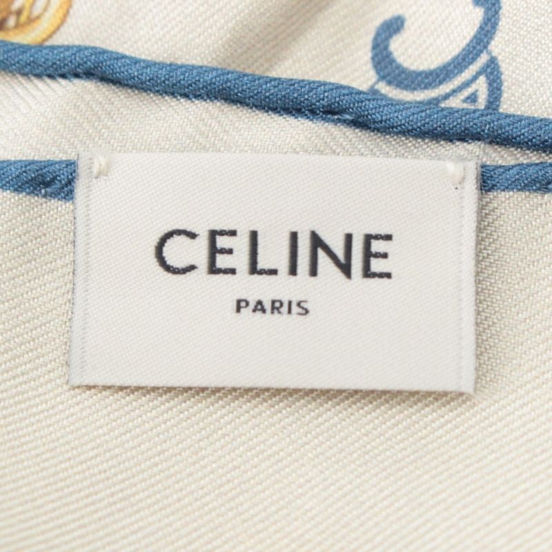 Celine Silk Triomphe Logo Chain Pattern Large Scarf Ivory Blue