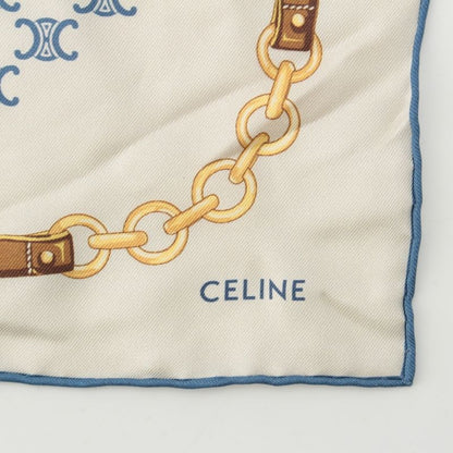 Celine Silk Triomphe Logo Chain Pattern Large Scarf Ivory Blue
