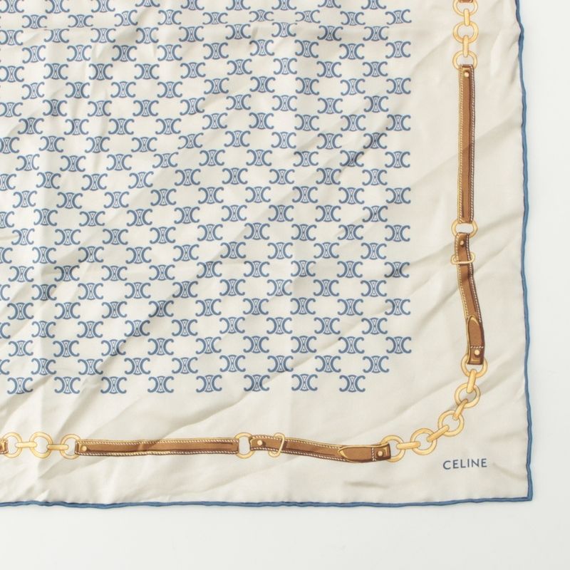 Celine Silk Triomphe Logo Chain Pattern Large Scarf Ivory Blue