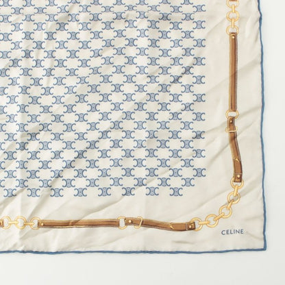 Celine Silk Triomphe Logo Chain Pattern Large Scarf Ivory Blue