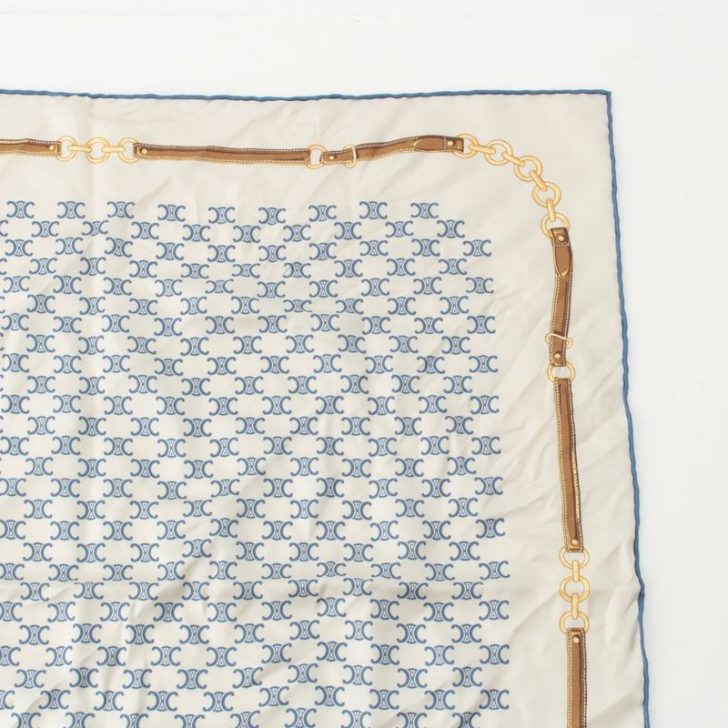 Celine Silk Triomphe Logo Chain Pattern Large Scarf Ivory Blue
