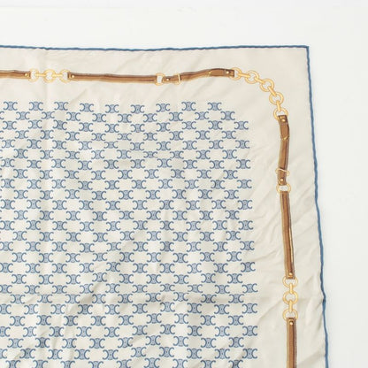 Celine Silk Triomphe Logo Chain Pattern Large Scarf Ivory Blue