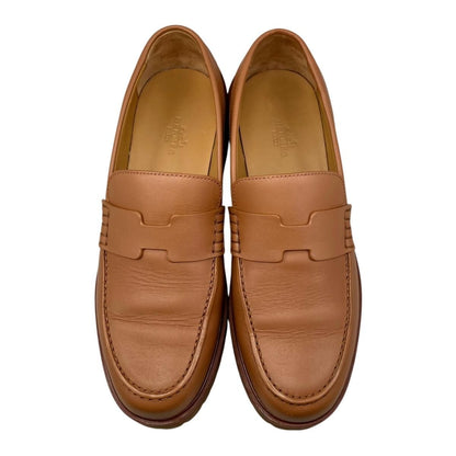 Hermes Loafers Moccasins 37 Leather Gold Brown