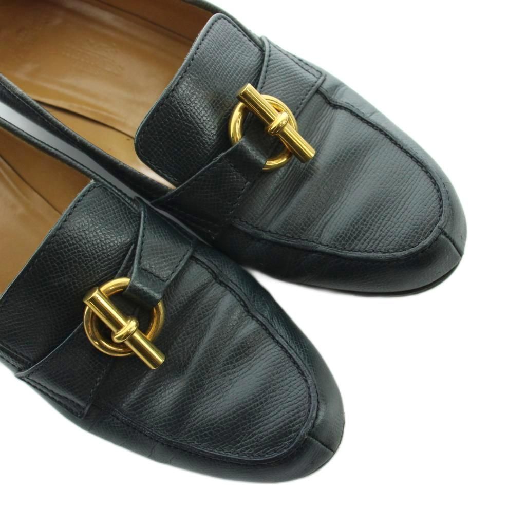Hermes Chaine D'ancre Loafers Moccasins Logo Leather Gold 37 Navy