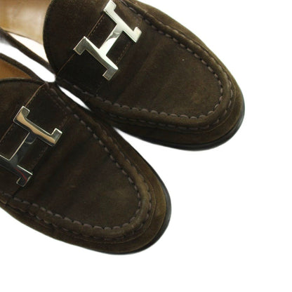Hermes Constance Loafers Moccasins Logo Suede Leather 37 Brown