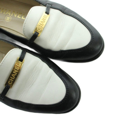 Chanel Loafers Moccasins Leather Logo Plate 37.5 Black White