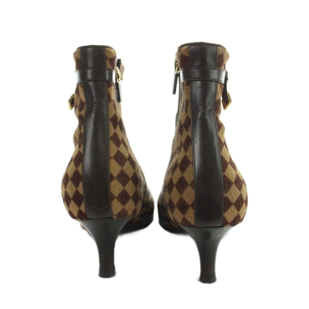 Louis Vuitton Short Boots Pointed Toe Calf Hair Leather Damier Logo 37.5