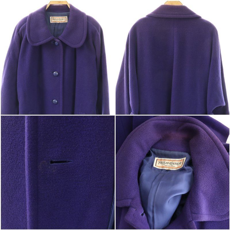 Saint Laurent Yves Satin Coat Long Wool M Purple CX
