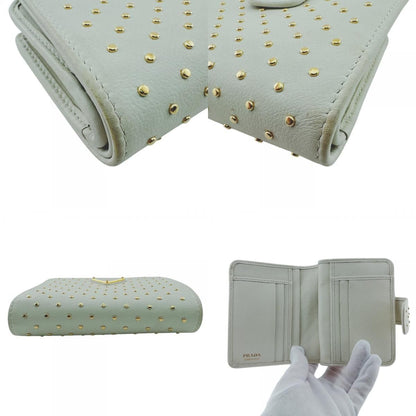 Prada Studded Compact Wallet Leather Bifold White