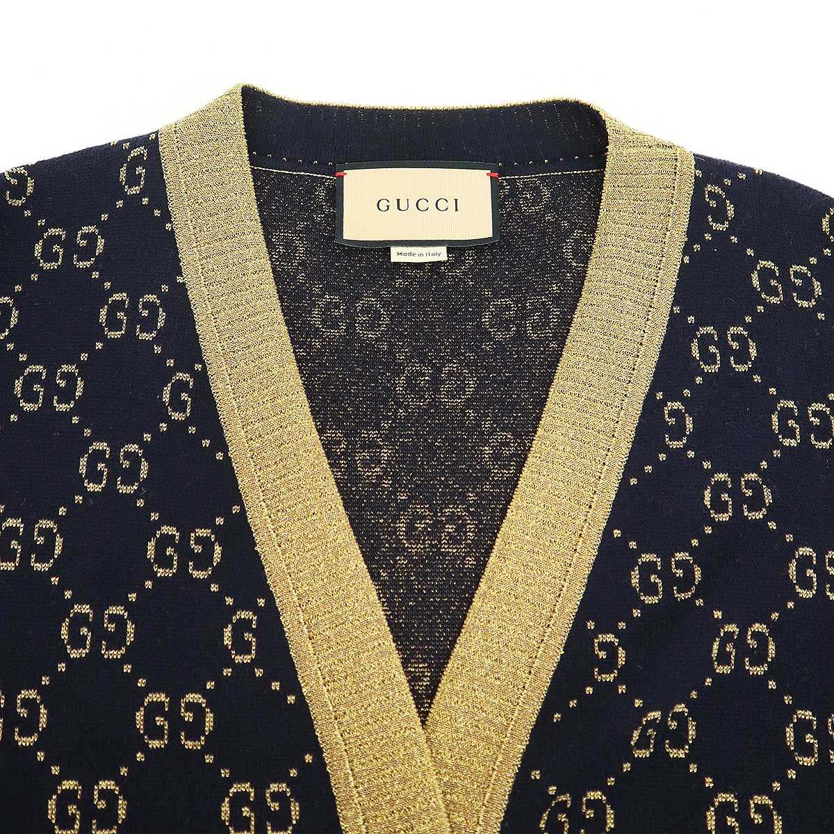 Gucci GG Cotton Lam Fabric Cardigan Navy Gold Xxs