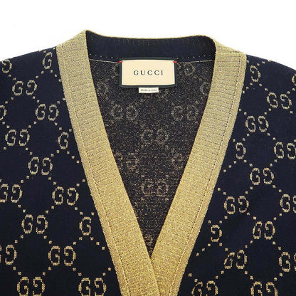 Gucci GG Cotton Lam Fabric Cardigan Navy Gold Xxs