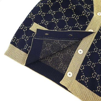 Gucci GG Cotton Lam Fabric Cardigan Navy Gold Xxs
