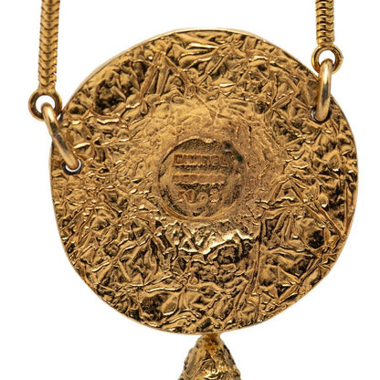 Chanel CC Logo Lion Motif Round Pendant Necklace Gold Plated