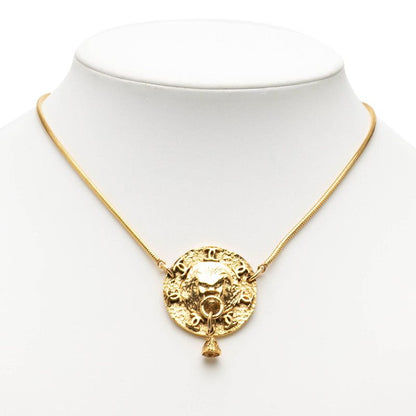 Chanel CC Logo Lion Motif Round Pendant Necklace Gold Plated