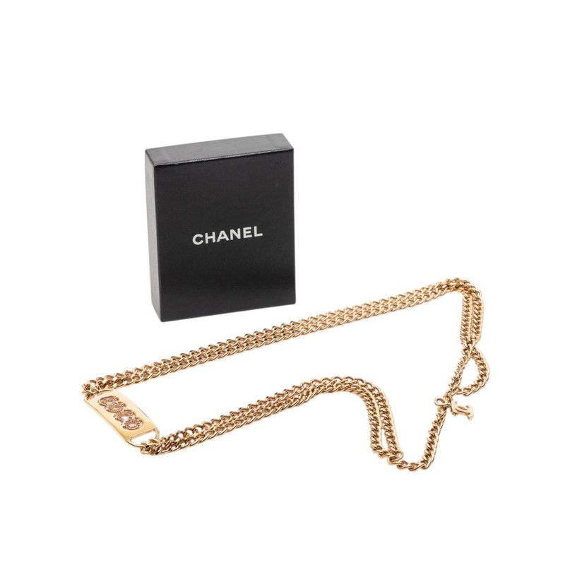 Chanel CC Logo Coco Line Stone Necklace Double Chain Gold Pink Plated