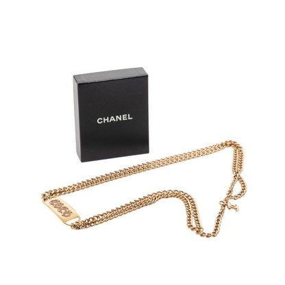 Chanel CC Logo Coco Line Stone Necklace Double Chain Gold Pink Plated