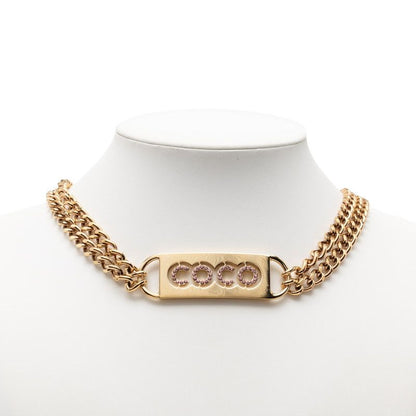 Chanel CC Logo Coco Line Stone Necklace Double Chain Gold Pink Plated