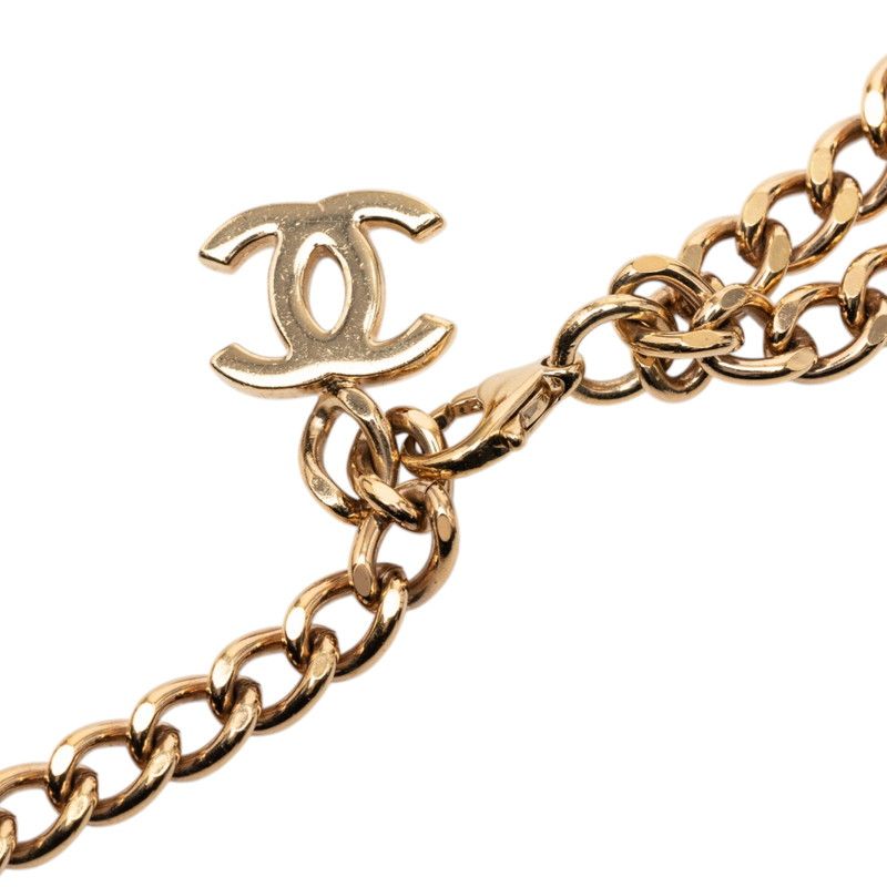 Chanel CC Logo Coco Line Stone Necklace Double Chain Gold Pink Plated