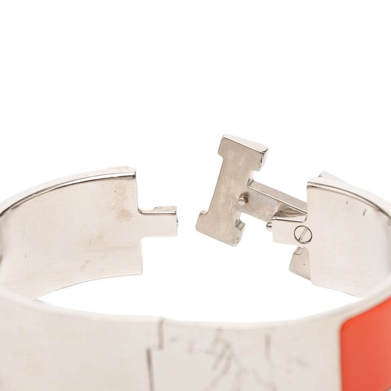 Hermes Clic Clac PM Logo Bangle Orange White Silver Metal Bracelet
