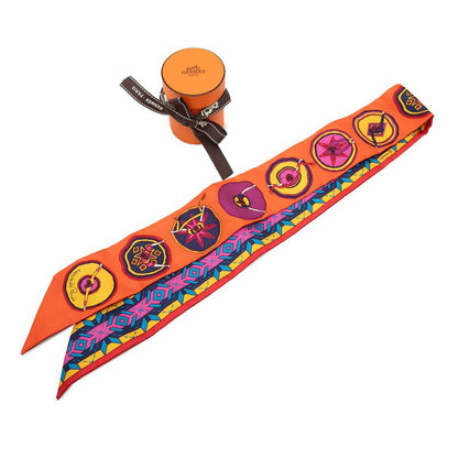 Hermes Twilly Balles du Mexique Mexican Scarf Multicolor Orange Silk