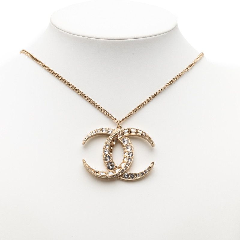 Chanel CC Logo Necklace Gold Plated Line Stone