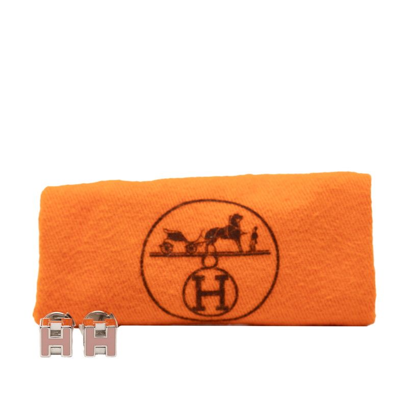 Hermes Cage de Ash Cube Earrings Silver Pink Metal Enamel