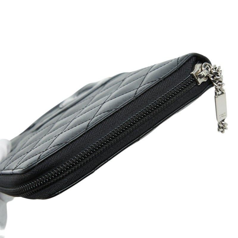 Chanel Cambon Line CC Logo Zip Around Wallet Black Leather Enamel