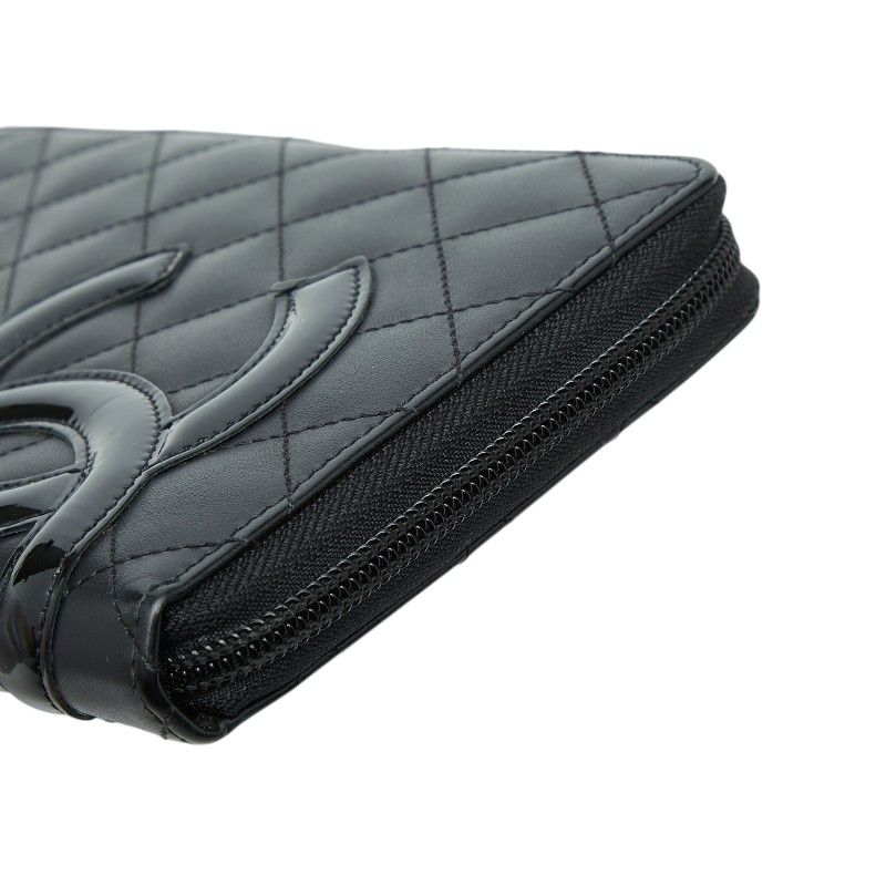 Chanel Cambon Line CC Logo Zip Around Wallet Black Leather Enamel
