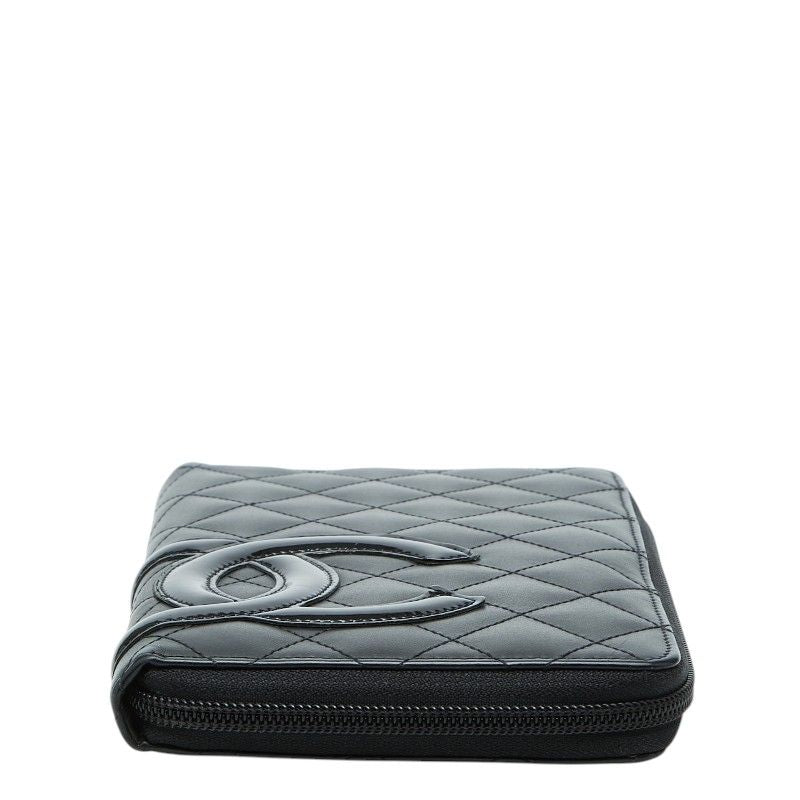 Chanel Cambon Line CC Logo Zip Around Wallet Black Leather Enamel
