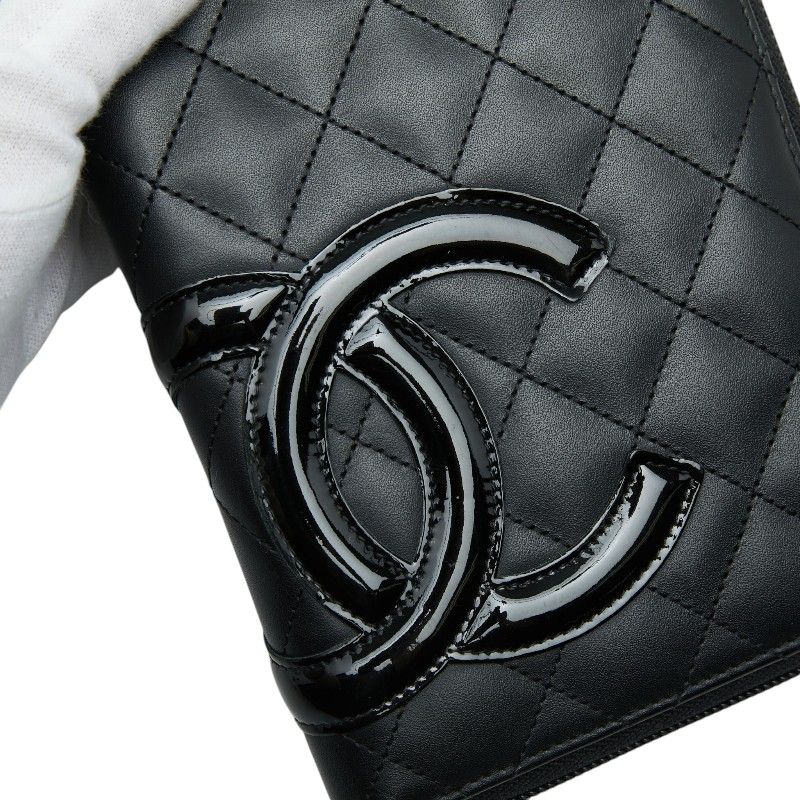 Chanel Cambon Line CC Logo Zip Around Wallet Black Leather Enamel
